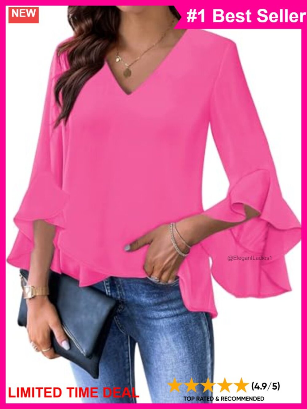 Womens Ruffle 3/4 Sleeve V Neck Business Casual Blouse